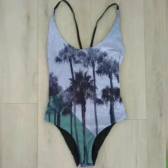 AKELA SURF | Women's Grey/Black Palm Tree Reversible One Piece Swimsuit - Picture 3 of 7
